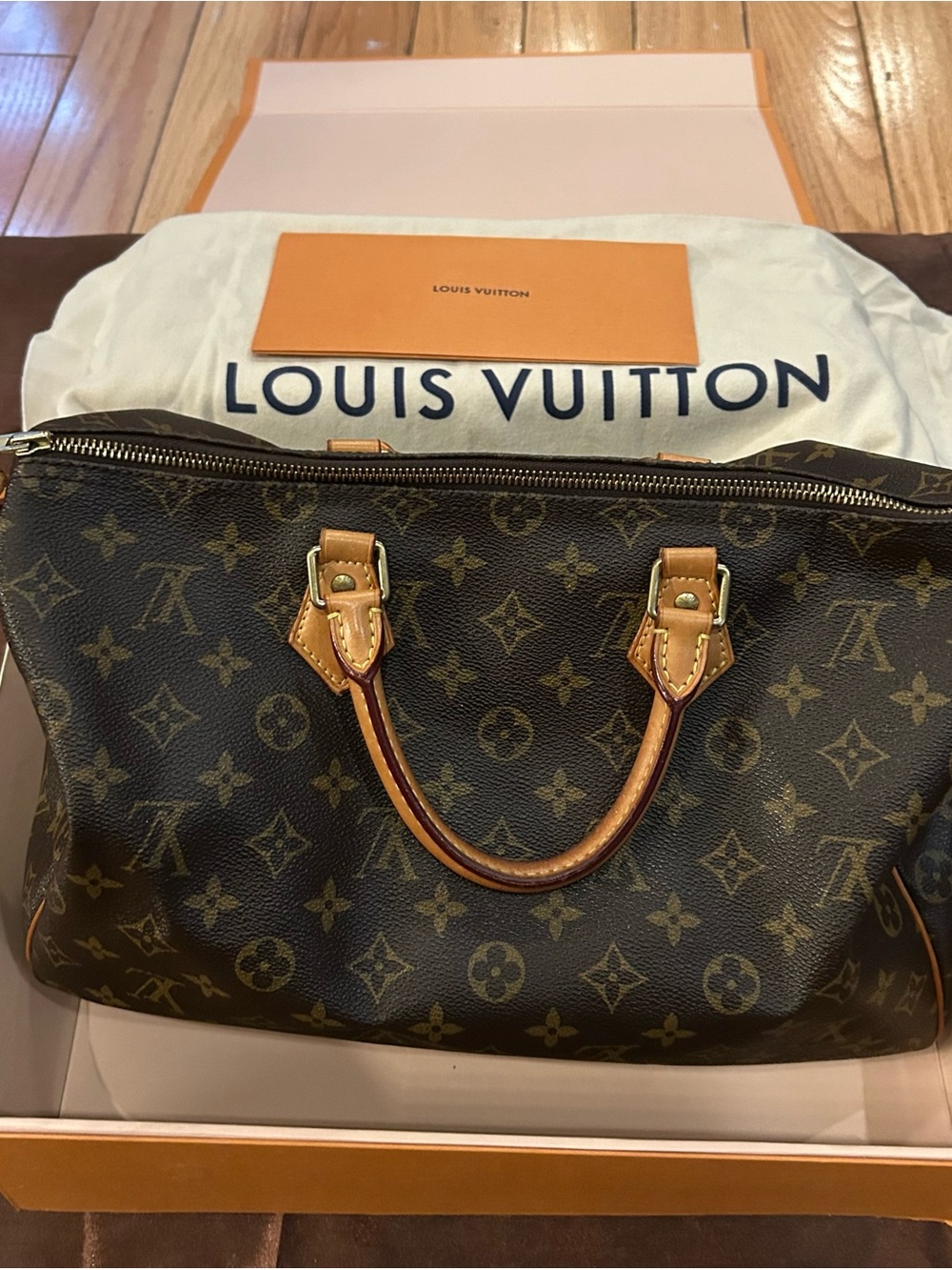 Louis Vuitton Golden Orange Box with Navy Logo Monogram Canvas Speedy 35
